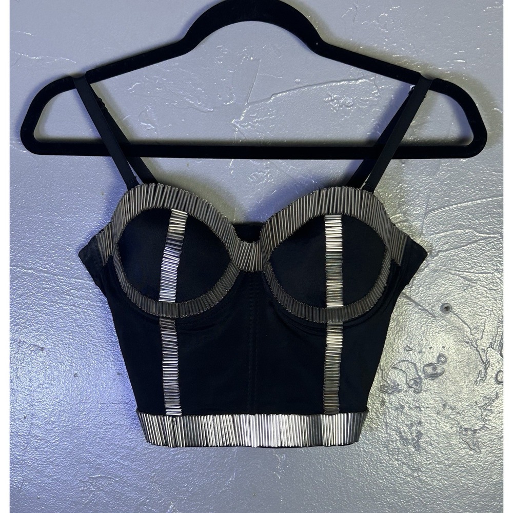 black crop bustier silver metallic ribbed detailing Sweatheart Neckline Gothpunk